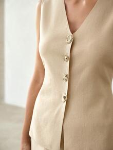 MOTF PREMIUM V-NECK SLEEVELESS KNIT VEST & PANTS SET FOR WOMEN - Apricot - View 3