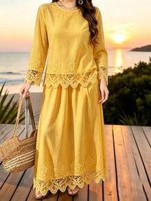 Modelyn Setelan 2 Potong Atasan dan Rok Patchwork Bordir Renda Putih Gaya Prancis untuk Wanita, Pakaian Elegan - Kuning - View 5