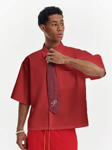 PAVTROS Men's Solid Color Loose Fit Short Sleeve Shirt With Tie - Red - View 6