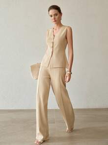 MOTF PREMIUM V-NECK SLEEVELESS KNIT VEST & PANTS SET FOR WOMEN - Apricot - View 2