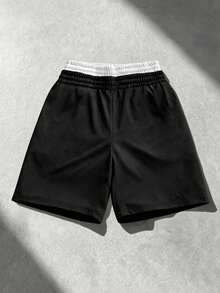 Manfinity Roghcode Pantalones cortos con cordón en la cintura y gráfico de letras para hombres - Negro - Ver 3