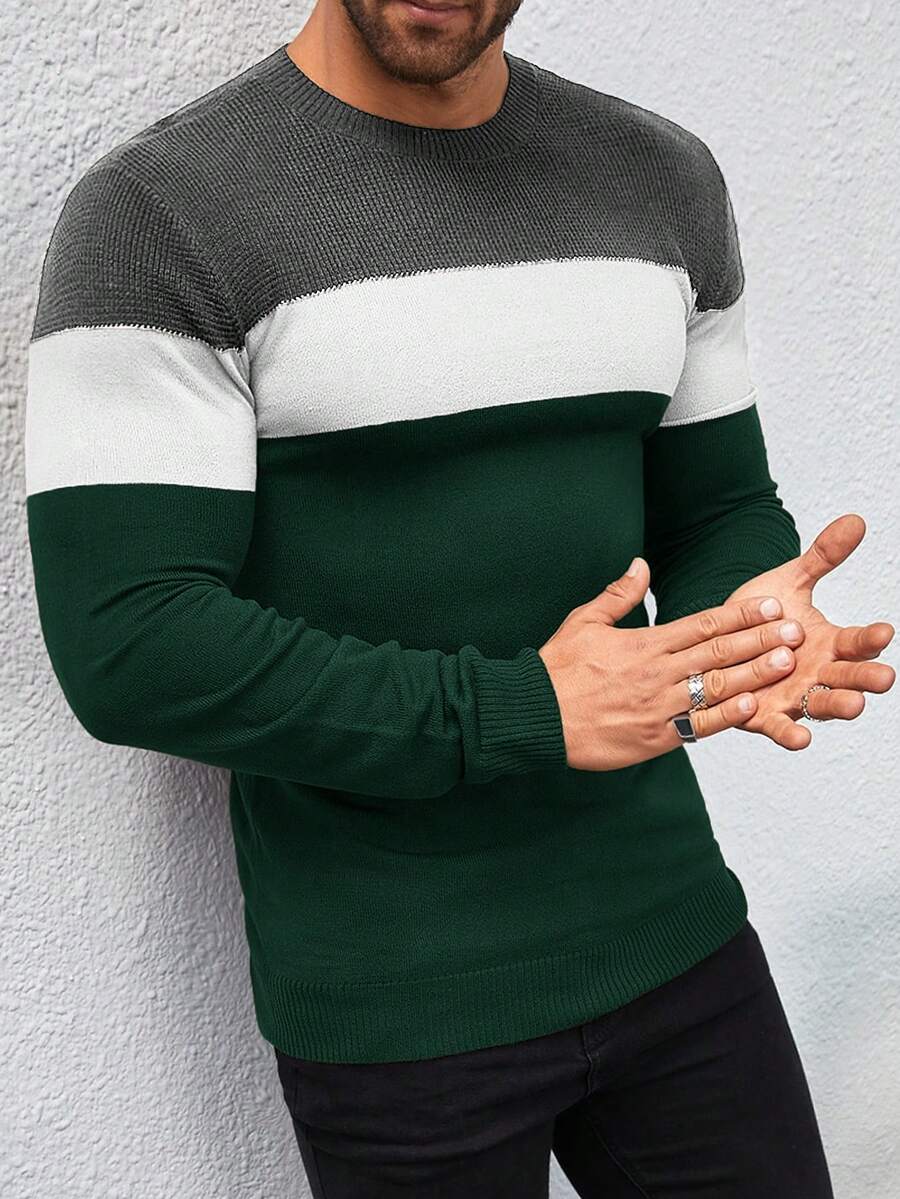 Manfinity Homme Men's Minimalist Colorblock Crew Neck Long Sleeve Sweater For Daily Wear - Dark Green - View 1