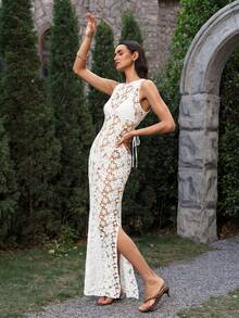 VOLUPTÉ CURVE Vestido de punto sexy con diseño floral calado para citas de mujer - Blanco - Ver 8