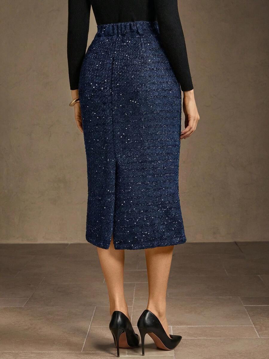 MOTF PREMIUM WOMEN'S MINIMALIST FASHION ELEGANT SEQUIN WOOL BLEND SKIRT - Royal Blue - View 2