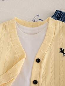 SHEIN Sparklyn 女童針織刺繡外套套裝，休閒可愛學院風街頭穿搭，連帽衫、牛仔外套、開襟衫、毛衣，適合秋冬返校戶外穿著 - 棕色 - 查看 5