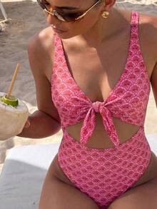 Costavie New Leopard Print Halter Neck One-Piece Sexy Fitted Bikini Swimsuit - Hot Pink - View 5