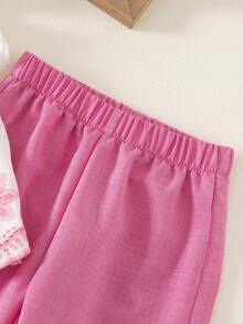 SHEIN Elladie kids 2件組女童夏季新款圓領露背水滴藍蝴蝶結假刺繡印花布料飛袖荷葉邊前綴蝴蝶結裝飾上衣休閒直筒短褲簡約復古時尚套裝 - 粉色 - 查看 6