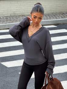 SHEIN EZwear Women's Elegant And Casual Charcoal Gray V-Neck Lace Long Sleeve Top, Autumn Top, Party Brunch Top - Grey - View 9