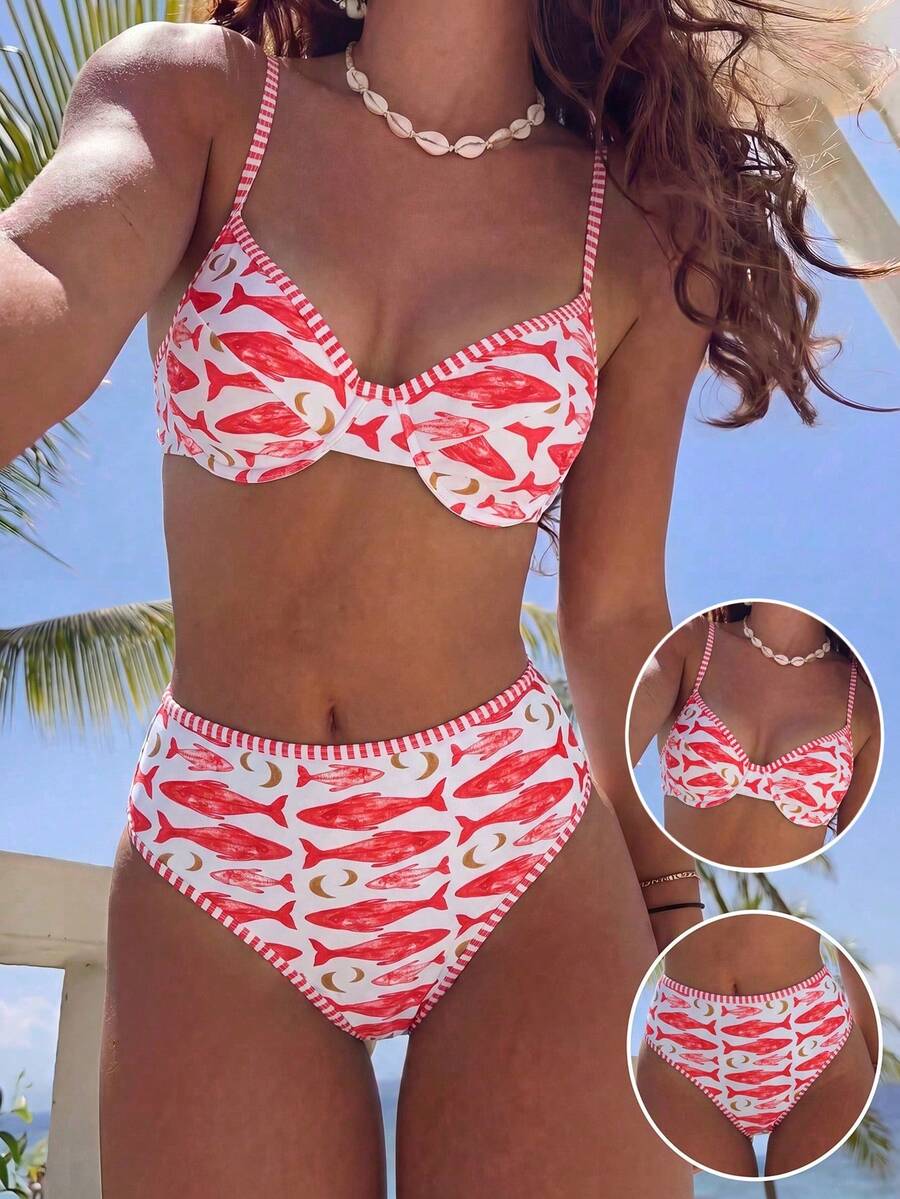 Swim Mod 2026 春夏可調節肩帶鋼圈支撐側高衩比基尼泳衣 2 件套女款 - 紅色 - 查看 1