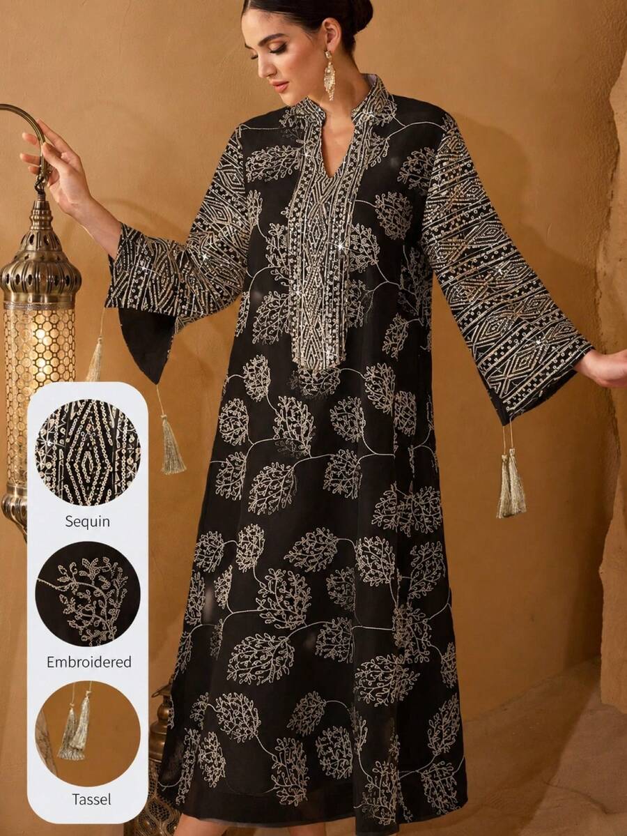 Al Najma 女款優雅工藝布料流蘇裝飾寬鬆長款晨袍 - 黑色 - 查看 1