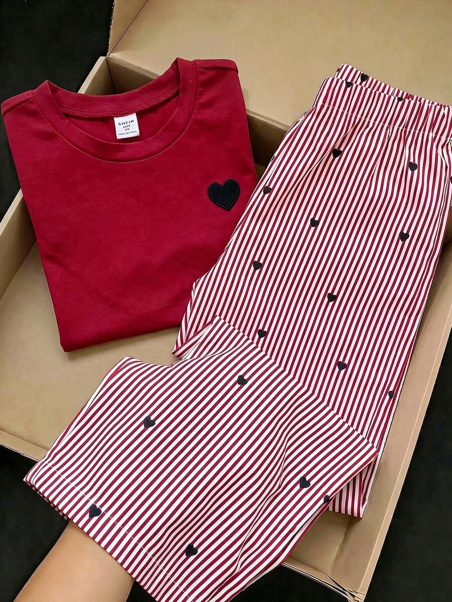 SHEIN Elladie kids 2件組少女夏季套裝，短袖T恤搭配條紋直筒長褲，親子款休閒馬匹印花不對稱下擺服飾 - 紅色 - 查看 1