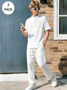 Teen Boy All White Mandarin Collar Long Sleeve Shirt And Casual Cute Teen Baggy Pants Set, Solid Outfit For Daily Wear, Outdoor, Prom Party Sixth Form - White - View 1
