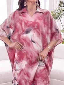 Al Najma Spring/Summer Loose Fit Short Sleeve Tie-Dye Multi-Color Lapel Collar Dress - Red - View 6