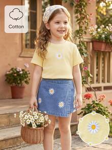 SHEIN Playful Pals 返校季女童休閒可愛圓領標準肩彩色波點彩虹印花T恤與純色牛仔裙短褲套裝，夏季 - 黃色 - 查看 6