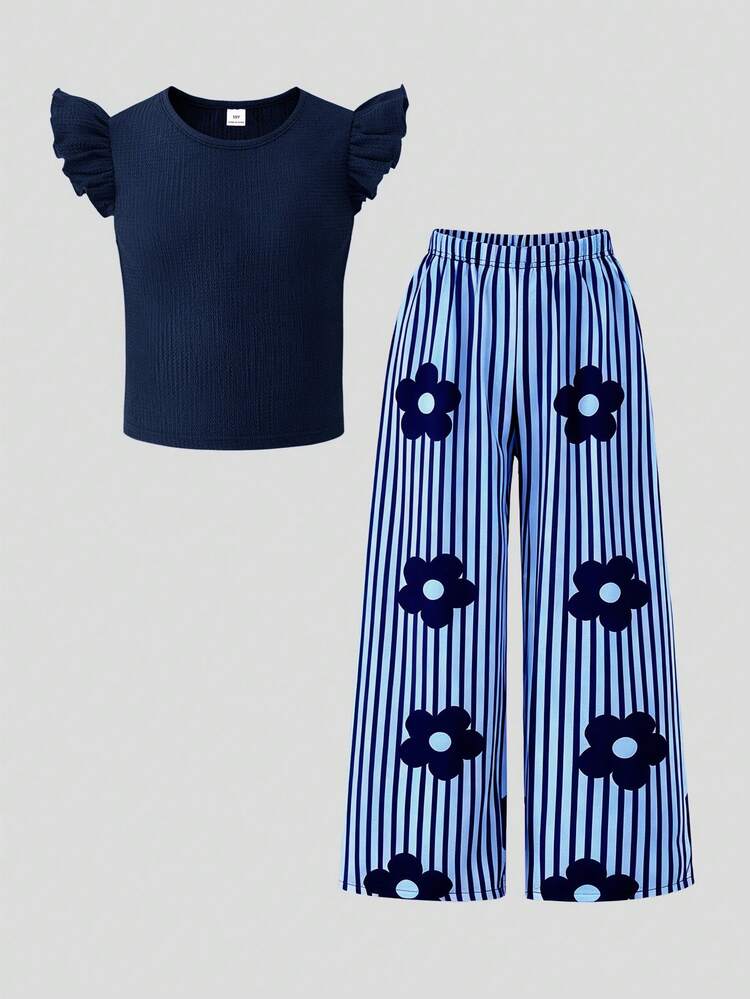 SHEIN Sparklyn Girls 2pcs Set Navy Blue Knit Texture Round Neck Cap Sleeve Top And Woven Floral Print Straight Leg Pants, Casual Vacation Style, Suitable For Daily Wear And Vacation In Spring/Summer - Royal Blue - View 1