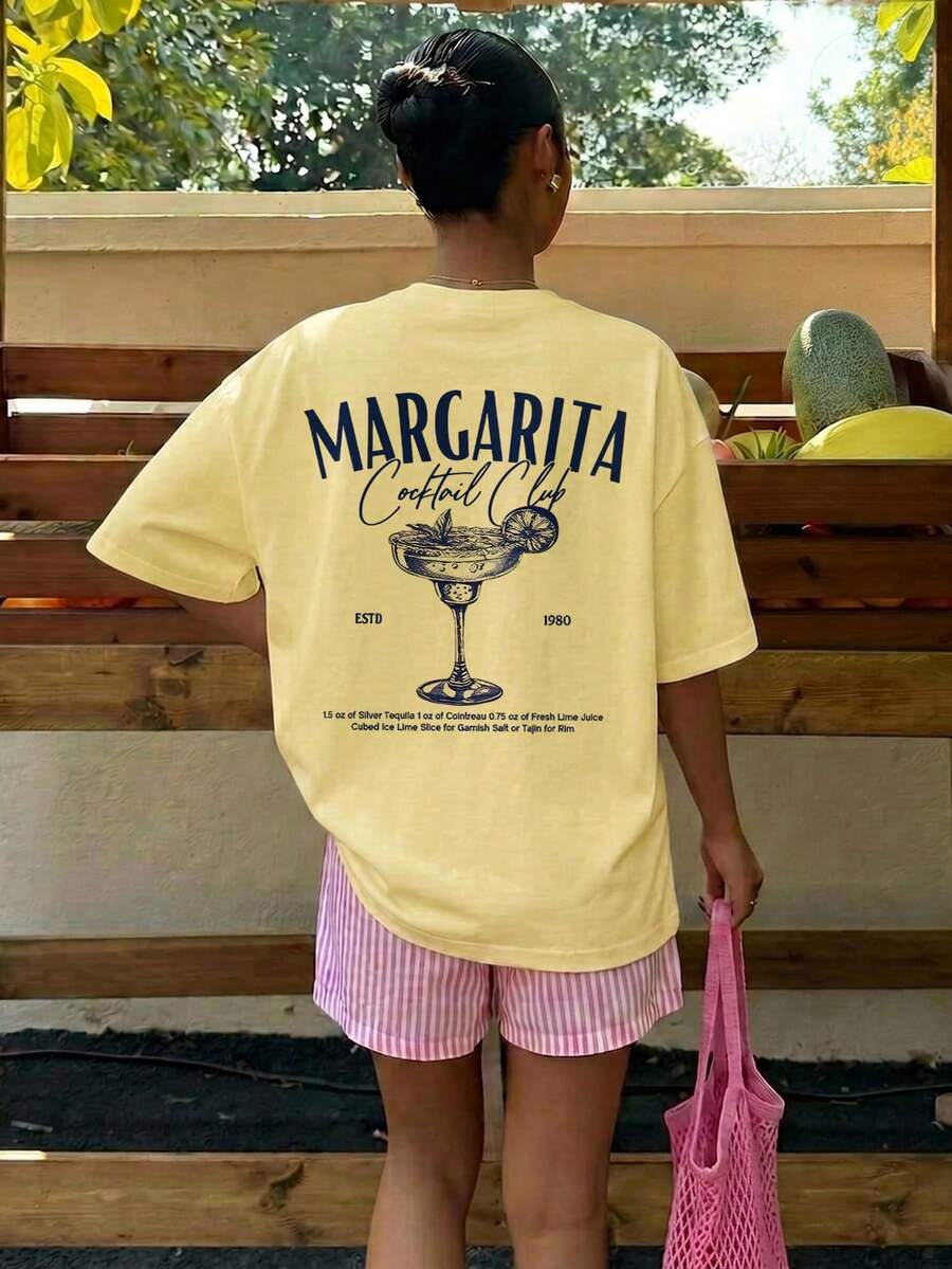 Muchica 女款夏季字母雞尾酒印花圓領短袖T恤搭配藍色條紋短褲休閒兩件套,適合春夏度假,百搭風格 - 彩色 - 查看 1