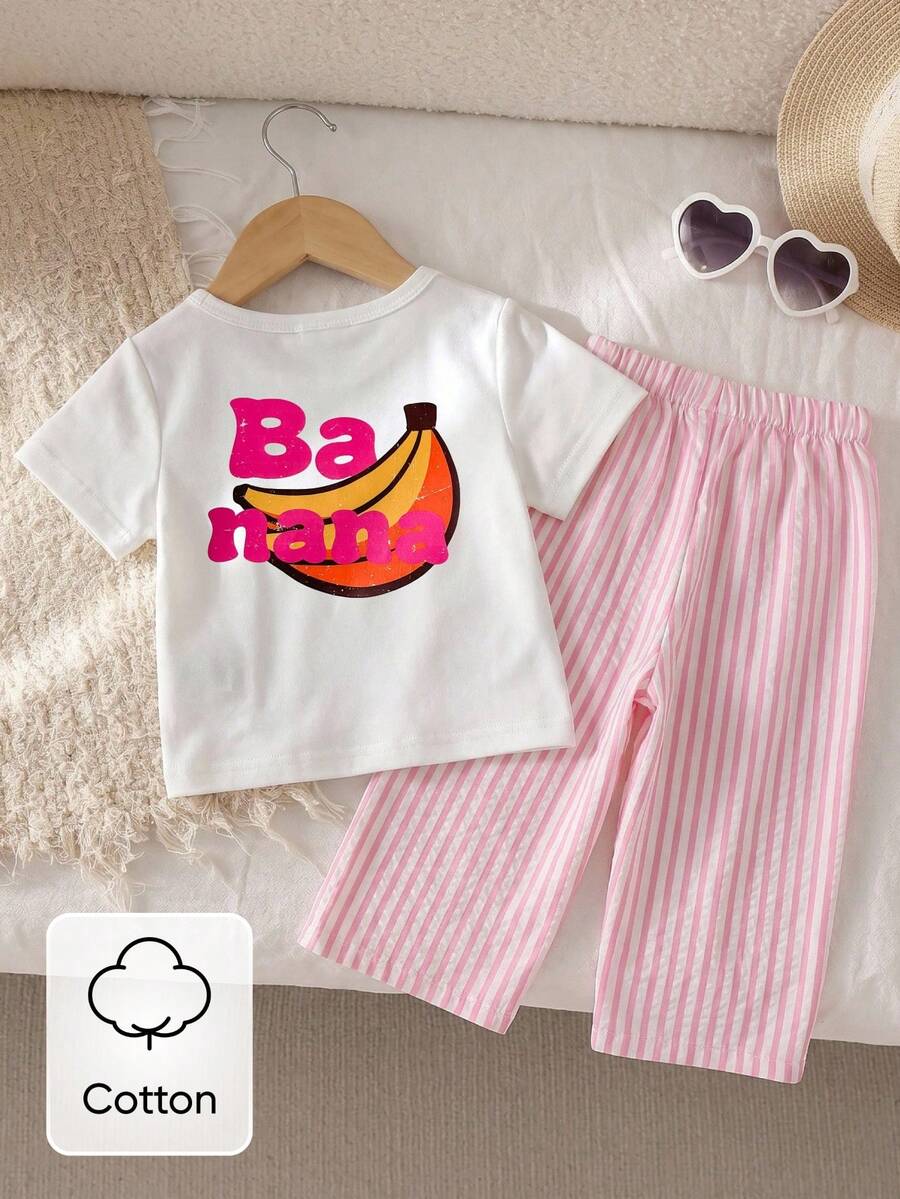 SHEIN Playful Pals 2件組女嬰夏季黑色短袖T恤刺繡裝飾條紋長褲套裝休閒度假風 - 粉色 - 查看 1