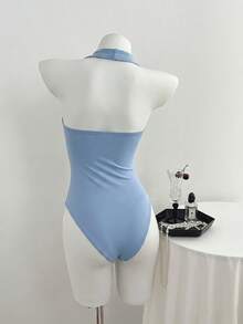 Elamini Bodysuit nữ cổ chữ V xoắn trước ngực, gợi cảm, phong cách tối giản thường ngày, xuân/hè - Màu xanh nhạt - Xem 2