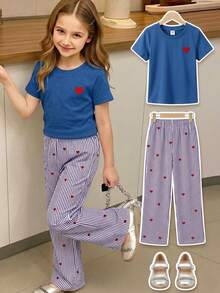 SHEIN Elladie kids 2件組基礎休閒懶人純色圓領短袖T恤搭配條紋布料直筒長褲套裝，適合日常外出與多種場合，春夏四季兒童舒適日常夏日穿搭 - 寶藍色 - 查看 7