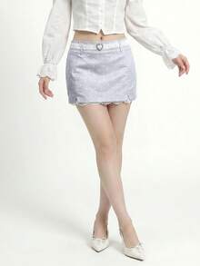 Sweetina Fitted Polka Dot Print Lace Trim Mini Skirt - Grey - View 3