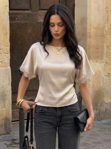 Firerie Blusa elegante de verano para mujer con unicolor y patchwork de encaje - Champán - Ver 2