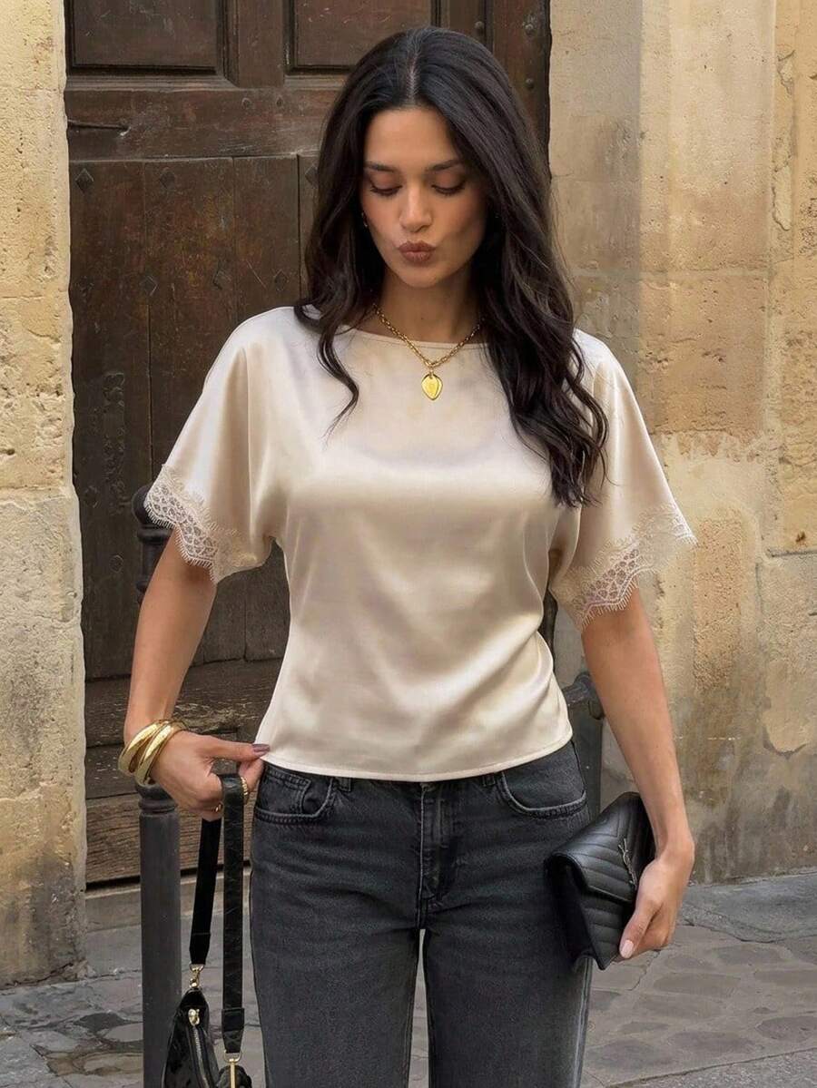 Firerie Blusa elegante de verano para mujer con unicolor y patchwork de encaje