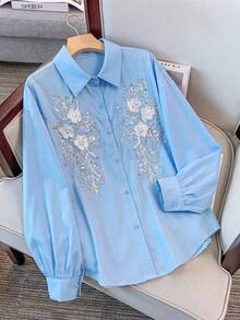 GlowEve CURVE 大尺碼優雅亮片刺繡水鑽燈籠袖上衣 - 藍色 - 查看 8