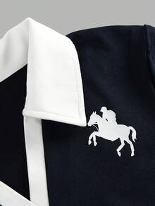 SHEIN Tween Girl Tween Girls Versatile Horse Pattern Colorblock Polo Collar Long Sleeve Knit Navy Blue 2 Pieces Set - Multicolor - View 5