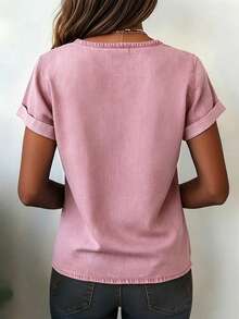 SHEIN 女款休閒通勤牛仔效果印花T恤 - 粉色 - 查看 3