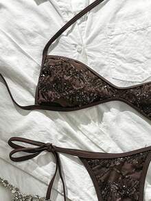 Costavie Swim Vcay 兩件式比基尼套裝，春夏海灘度假款，亮片紋理布料，掛脖平胸式上衣搭配側綁繩丁字褲，性感 - 咖啡棕 - 查看 3
