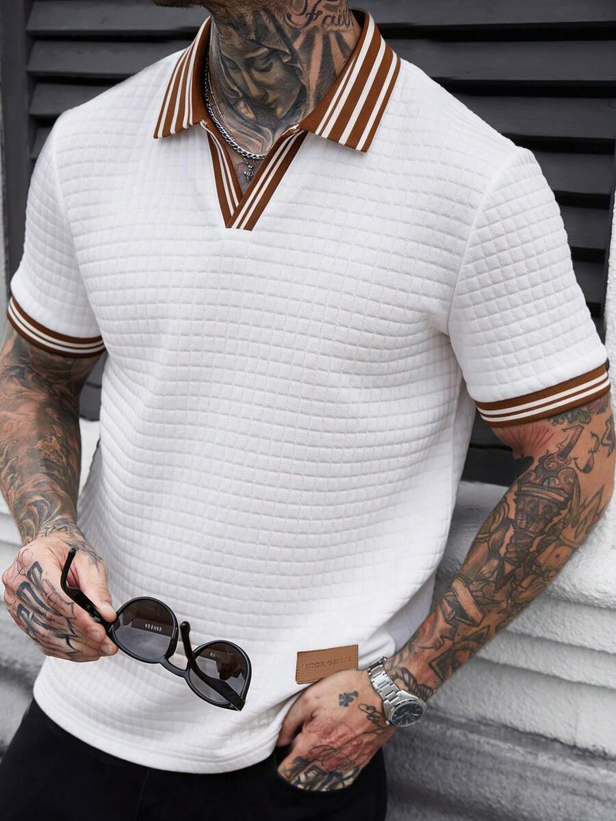 Manfinity Homme Men's Knitted Jacquard Solid Color Textured Brown & White Ribbed Collar Polo Shirt - White - View 1