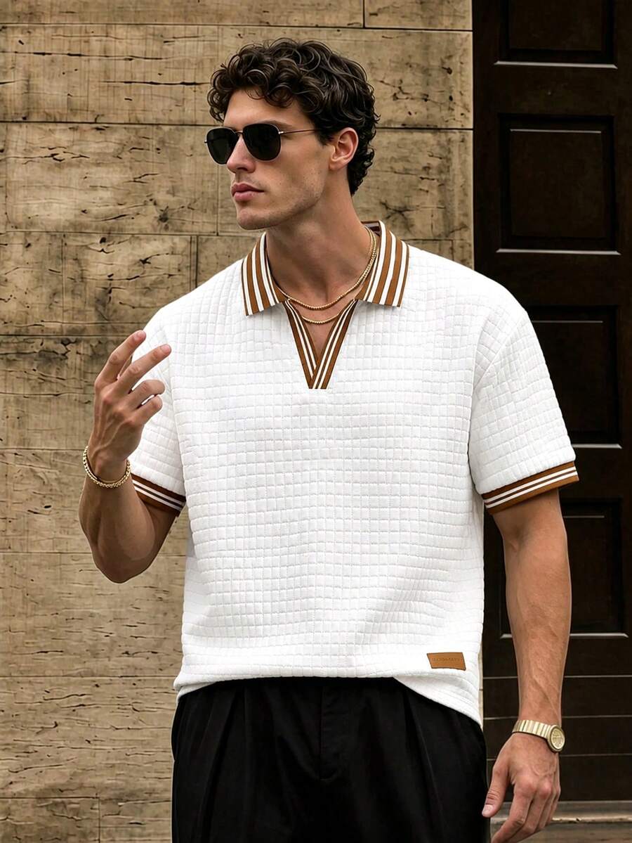 Manfinity Homme 男士针织提花纯色纹理棕白罗纹领 Polo 衫 - 白色 - 查看 1