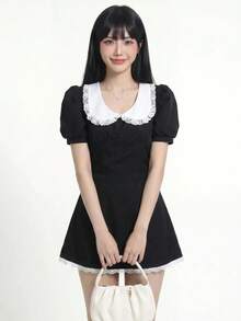 Sweetina 休閒彼得潘領花瓣袖上衣與裙子兩件套 - 黑色 - 查看 3