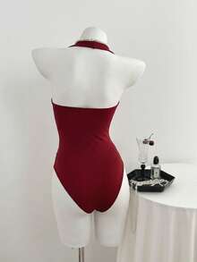 Elamini Women's Spring/Summer V-Neck Front Twist Sexy Casual Minimalist Bodysuit - Red - View 2