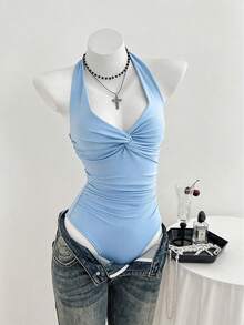 Elamini Bodysuit nữ cổ chữ V xoắn trước ngực, gợi cảm, phong cách tối giản thường ngày, xuân/hè - Màu xanh nhạt - Xem 3