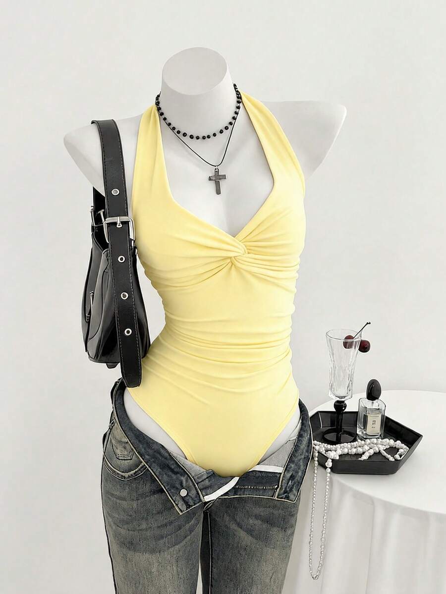 Elamini Women's Spring/Summer V-Neck Front Knot Sexy Casual Minimalist Bodysuit - Light Yellow - View 1