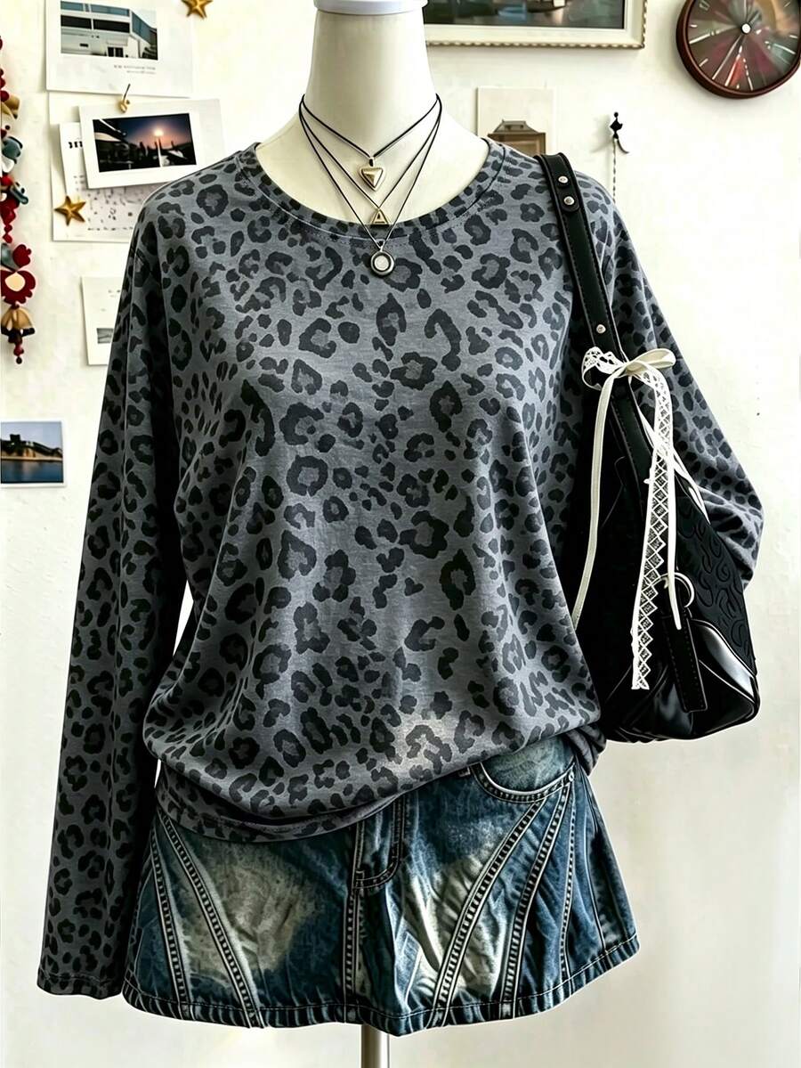 Lalippa 美式復古灰色豹紋圓領寬鬆長袖春秋慵懶薄款休閒百搭上衣 - 灰色 - 查看 1