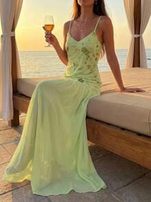 Aloruh Elegante abito da vacanza romantico in chiffon con paillettes e patchwork, con fiocco, stile dea per appuntamenti - Verde - Visualizzare 4