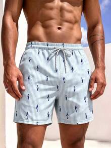 Manfinity KASUA Light Blue Vertical Striped Fish Print Men's Beach Shorts - Blue and White - View 3