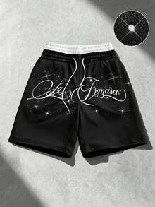Manfinity Roghcode Pantalones cortos con cordón en la cintura y gráfico de letras para hombres - Negro - Ver 1
