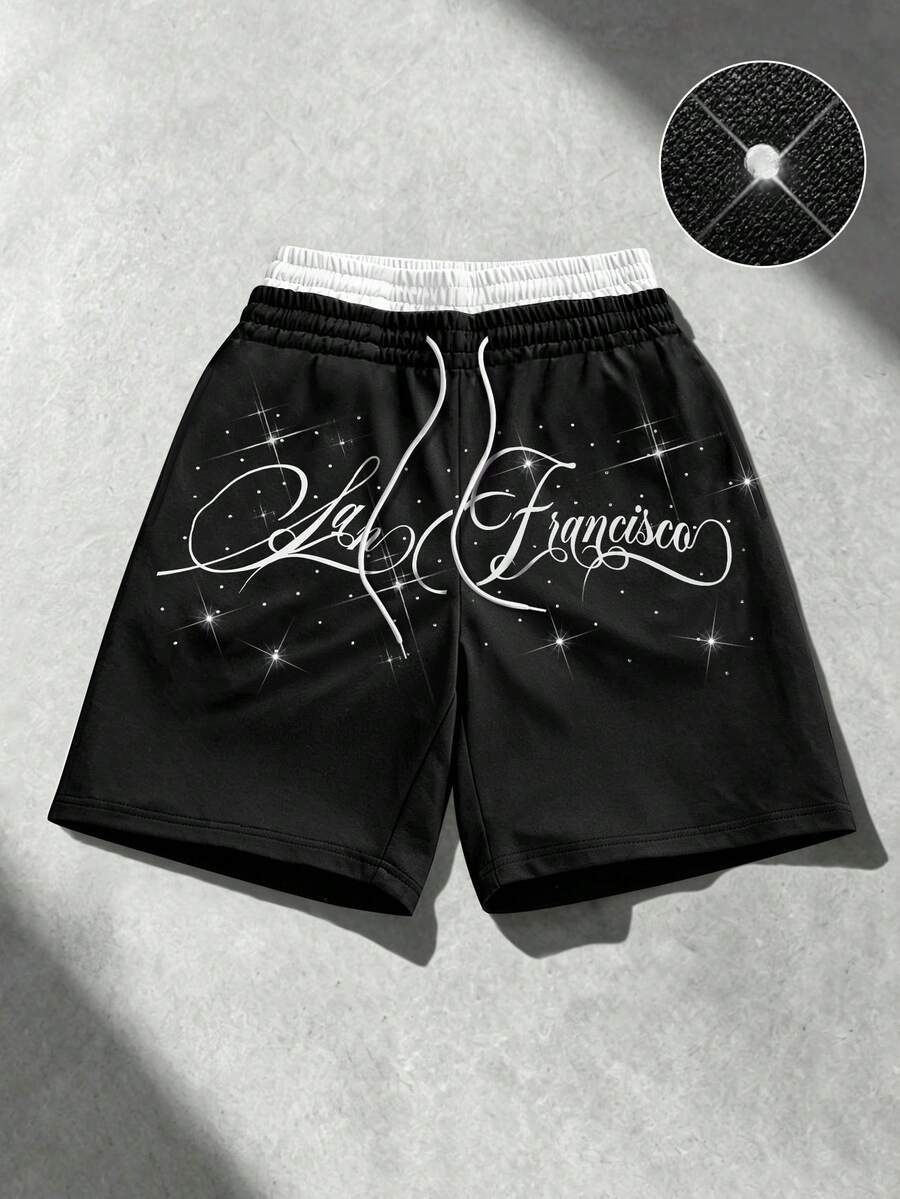 Manfinity Roghcode Pantalones cortos con cordón en la cintura y gráfico de letras para hombres - Negro - Ver 1