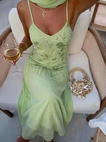 Aloruh Elegante abito da vacanza romantico in chiffon con paillettes e patchwork, con fiocco, stile dea per appuntamenti - Verde - Visualizzare 8