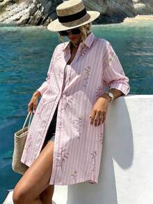 Vaclyn Women's Floral Print Striped Single-Breasted Shirt Dress, Suitable For Daily Wear, Vacation And Beach - Pink - View 7