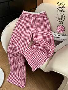 SHEIN LUNE Celana Panjang Kasual Wanita Ukuran Besar Motif Kotak-kotak Merah Potongan Lurus dengan Hiasan Renda, Musim Semi/Panas/Gugur - Red and White - View 3