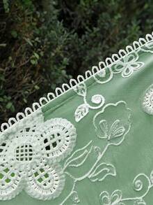VOLUPTÉ CURVE 女款夏季綠色花卉蕾絲刺繡短袖短褲套裝，時尚休閒寬鬆度假兩件套 - 綠色 - 查看 4
