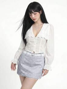 Sweetina Fitted Polka Dot Print Lace Trim Mini Skirt - Grey - View 4