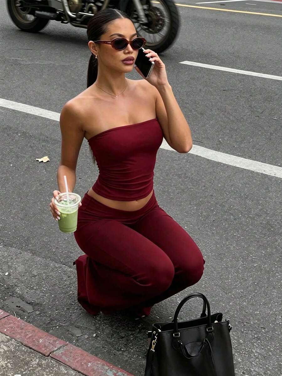 INAWLY Solva Women's Sexy Streetwear Bandeau Top And Flared Pants 2 Pieces Set - Burgundy - View 1