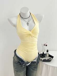 Elamini Women's Spring/Summer V-Neck Front Knot Sexy Casual Minimalist Bodysuit - Light Yellow - View 6