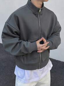 Manfinity Roghcode 男士休閒短版街頭風拉鍊連帽衛衣，秋季長袖上衣，情人節、春夏季、送給男友的禮物、狂歡節、復古、街頭風、派對、聖帕特里克節、外出穿搭 - 灰色 - 查看 3
