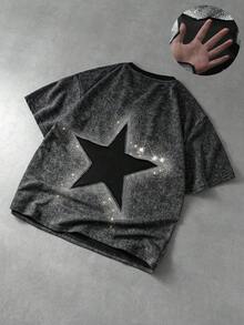 ROMWE MEN 男士閃亮五角星鑽飾鏤空布料拼接水洗寬鬆版型T恤 - 灰色 - 查看 1